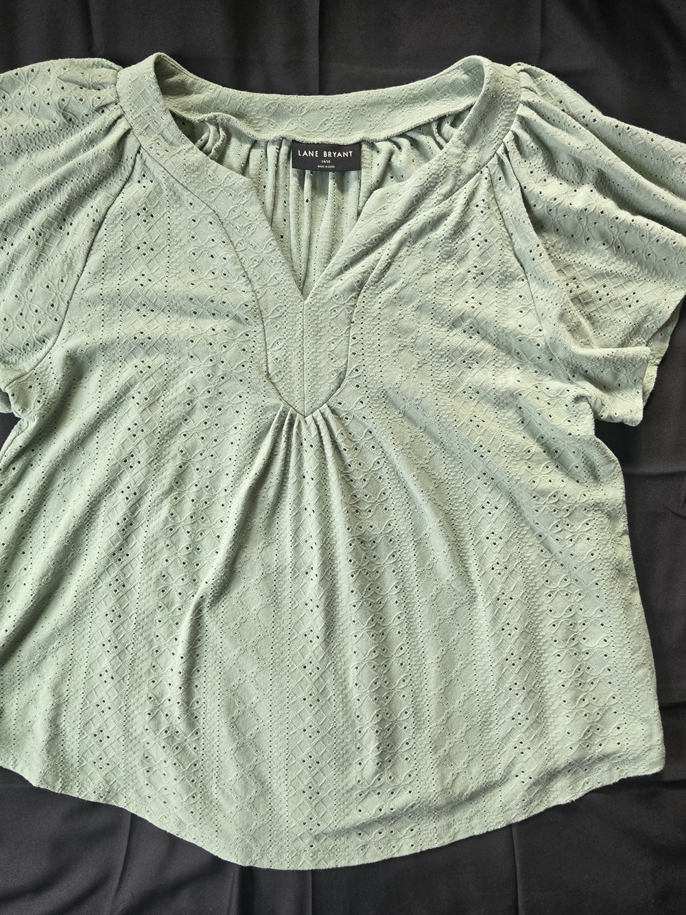 Lane Bryant Sage Green Eyelet V-Neck Short Sleeve Top